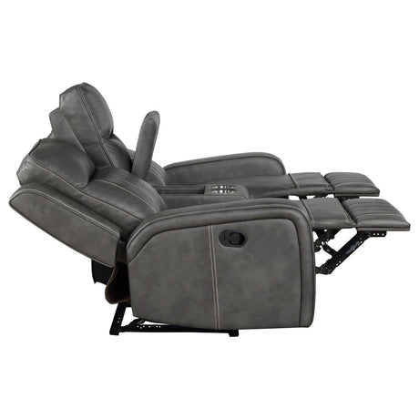 Raelynn Upholstered Motion Reclining Loveseat Grey 603192 - Ella Furniture