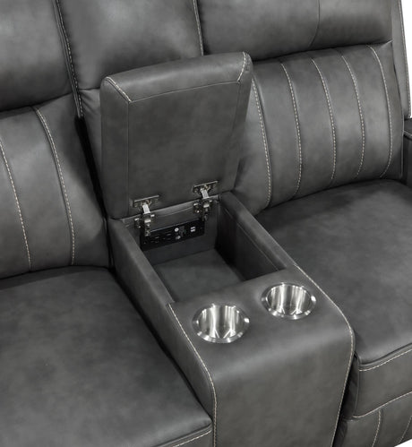 Raelynn Upholstered Motion Reclining Loveseat Grey 603192 - Ella Furniture