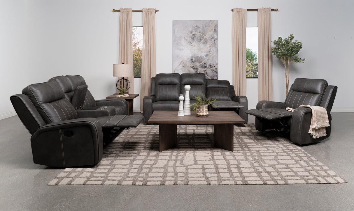 Raelynn Upholstered Motion Reclining Sofa Grey 603191 - Ella Furniture