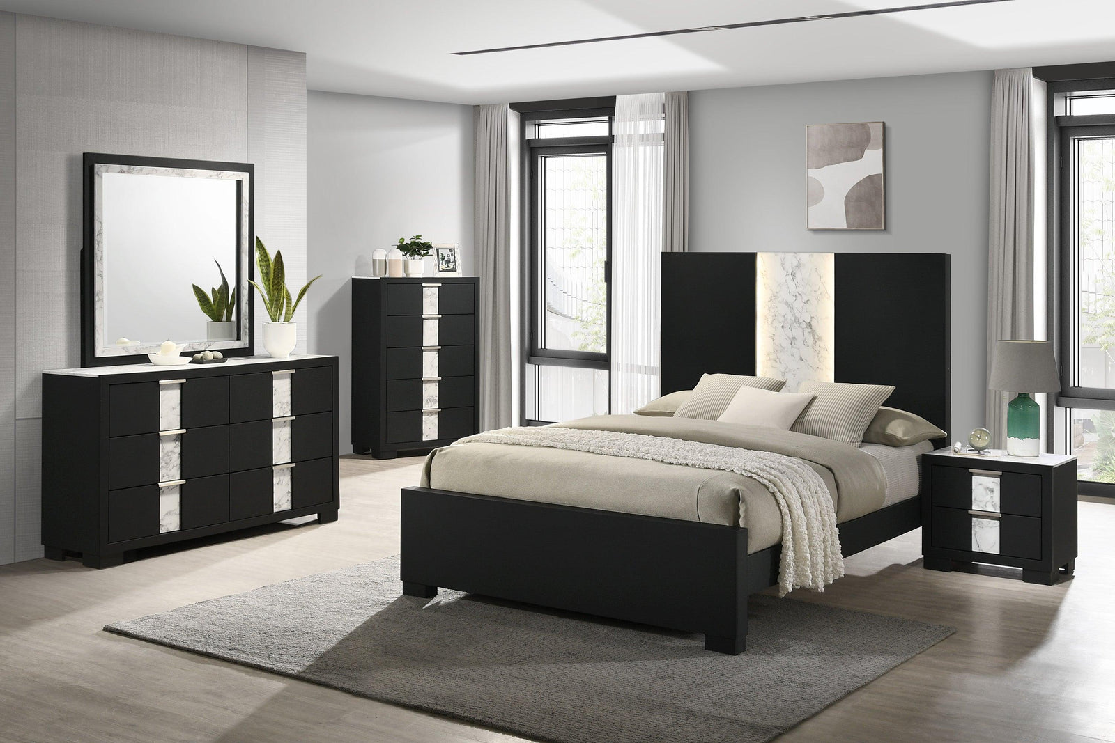 Rangley Black Modern Contemporary Solid Wood Marble LED Bedroom Set - Ella Furniture