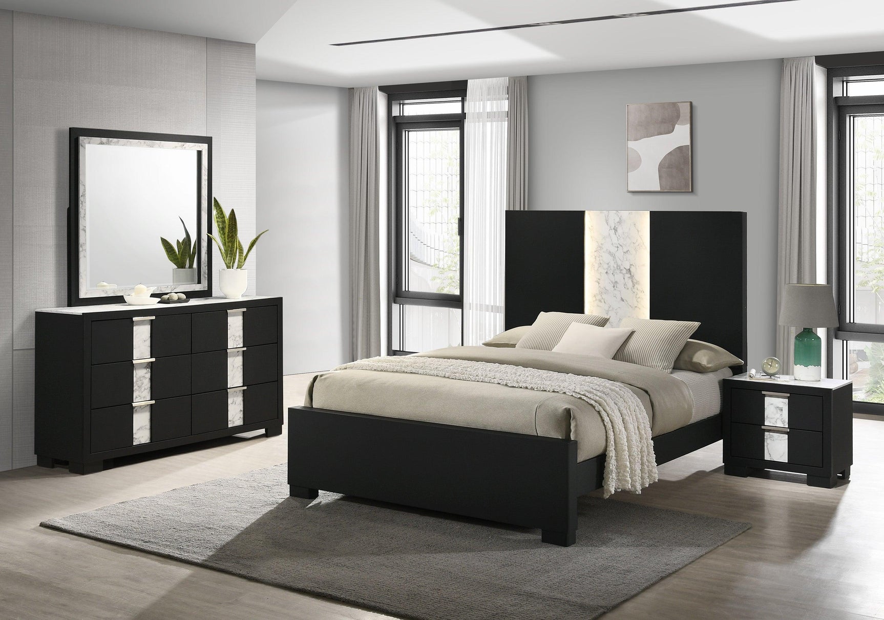 Rangley Black Modern Contemporary Solid Wood Marble LED Bedroom Set - Ella Furniture