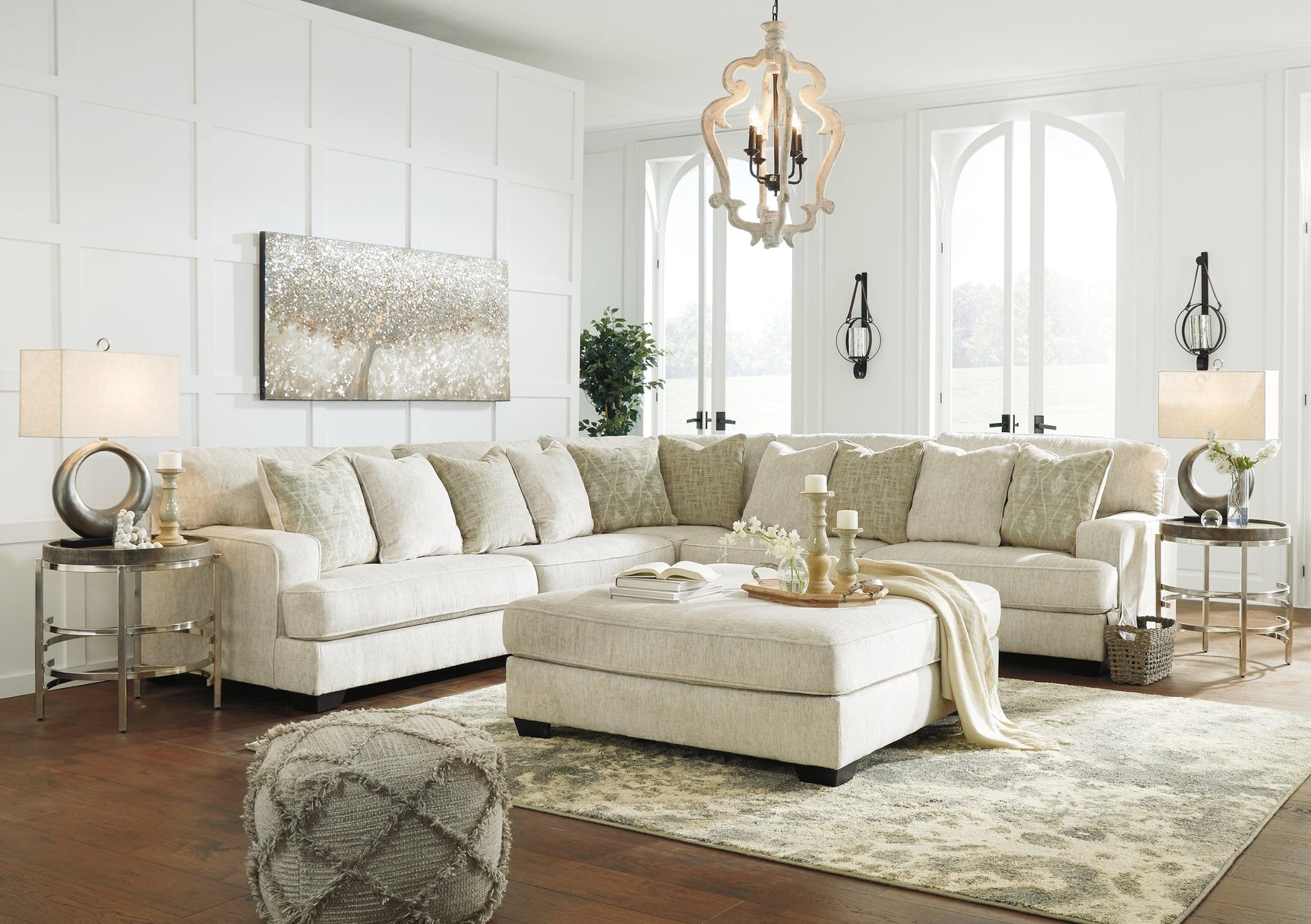 Rawcliffe Parchment 3-Piece Sectional With Ottoman - Ella Furniture