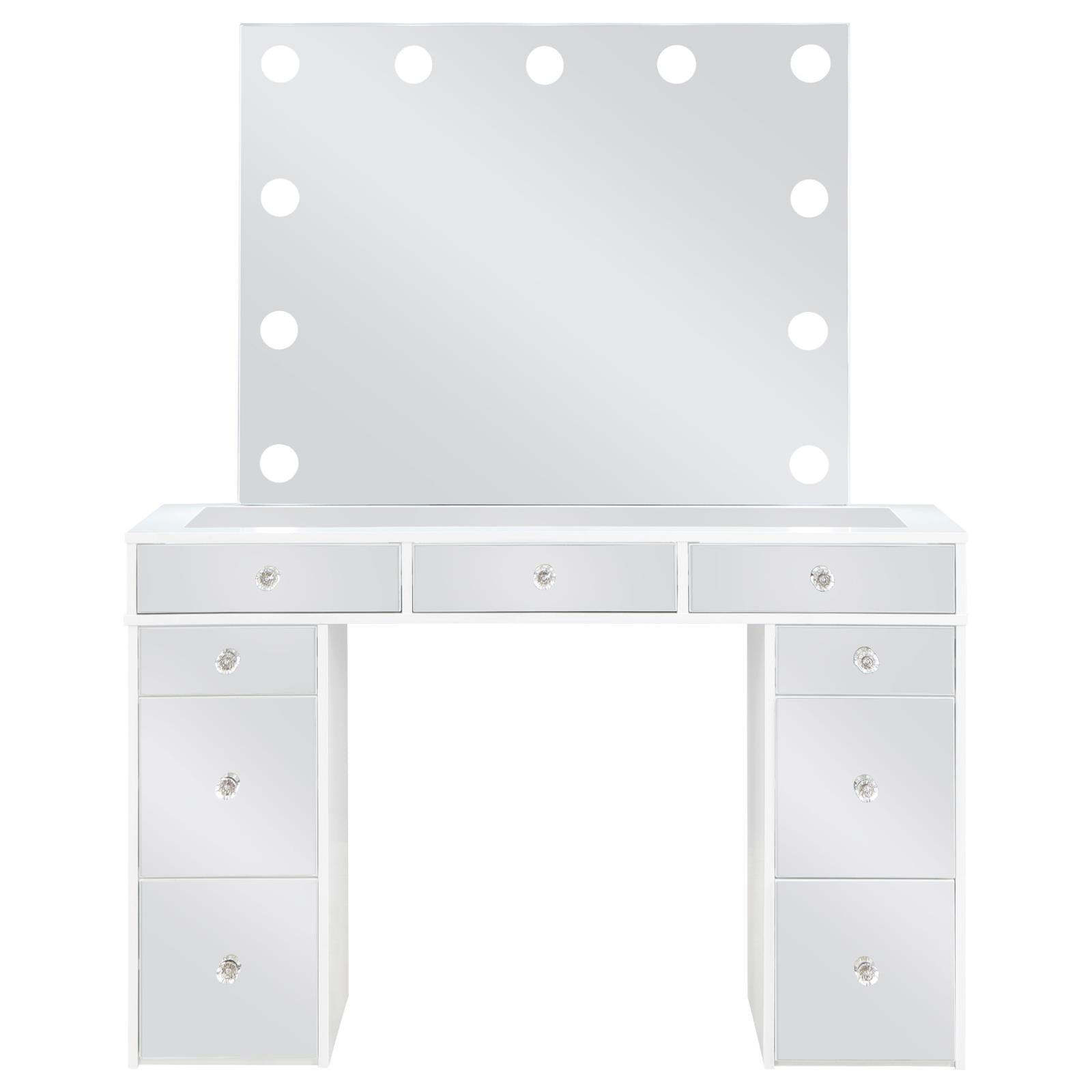 Regina 3-Piece Makeup Vanity Table Set Hollywood Lighting White And Mirror 930245 - Ella Furniture