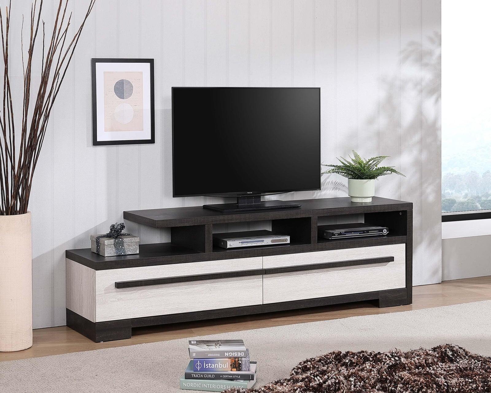 Remington Chalk/Ebony Modern Contemporary Solid Wood And Veneers Storage Tv Stand - Ella Furniture