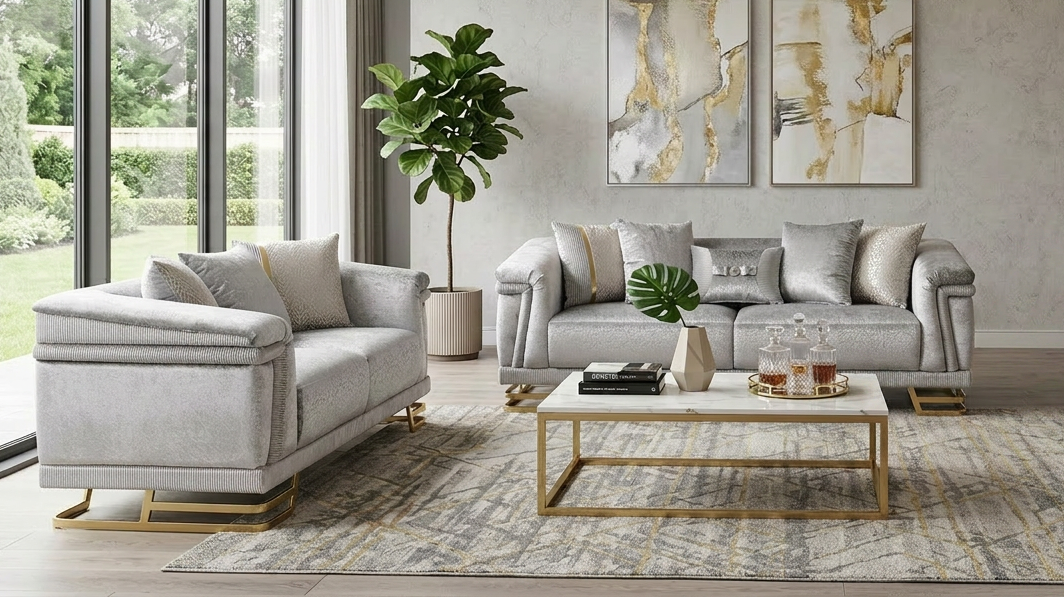 Amalfi Grey Crushed Velvet Sofa and Loveseat Set with Gold Geometric Bases and Pillows from Ella Furniture
