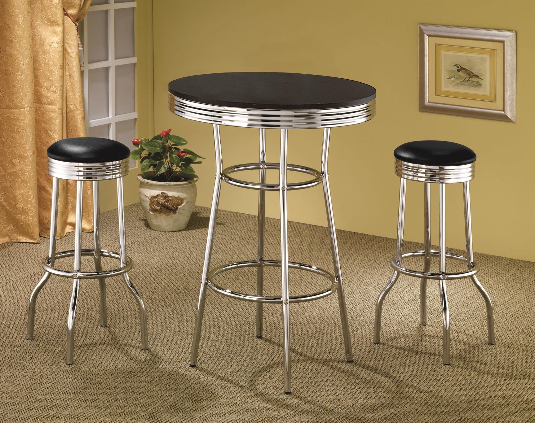 RETRO CHROME Retro 3-piece Round 1950s Bistro Pub Bar Table Set Black 2405-S3 - Ella Furniture