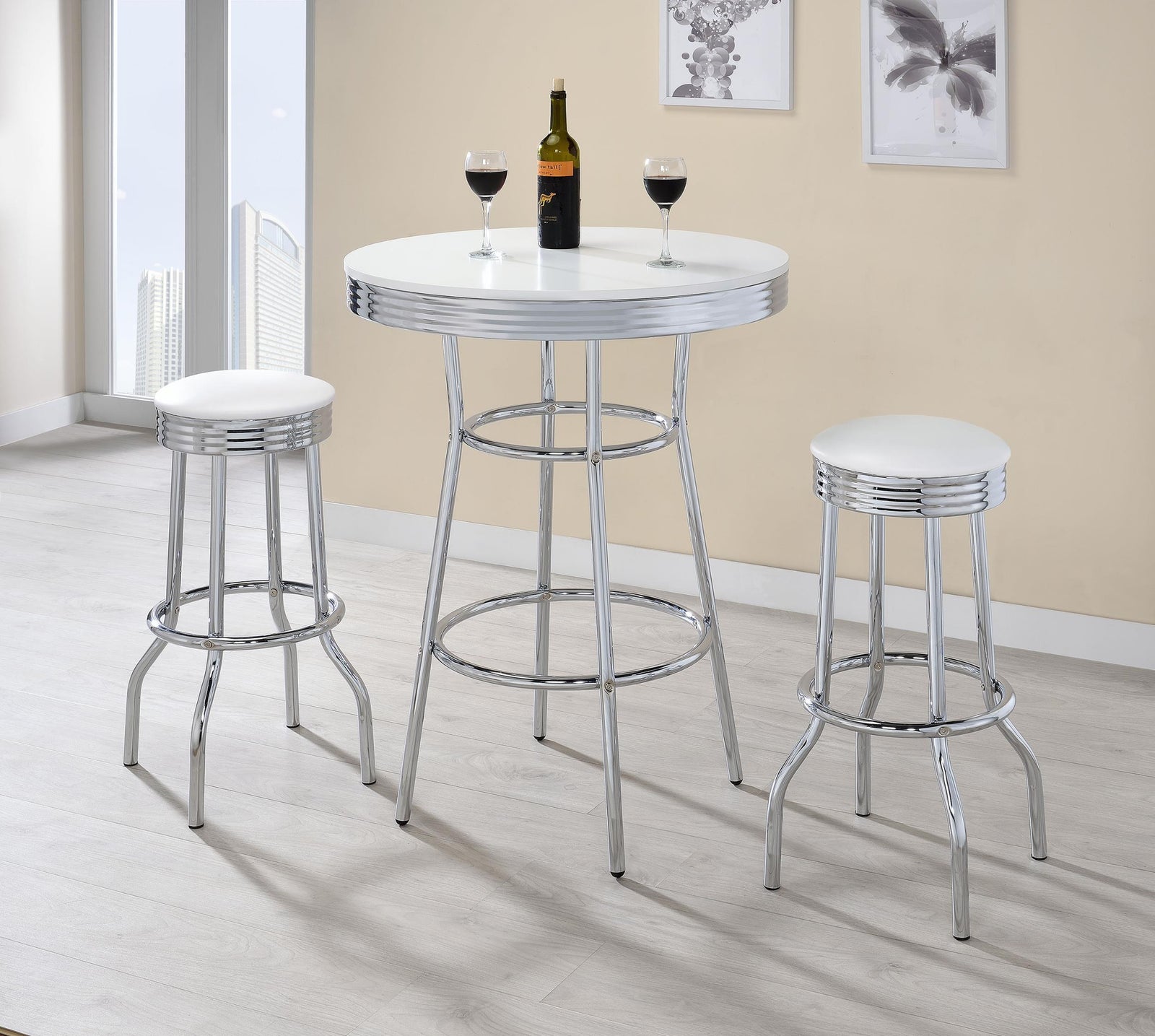 RETRO CHROME Retro 3-piece Round 1950s Bistro Pub Bar Table Set White 2300-S3 - Ella Furniture