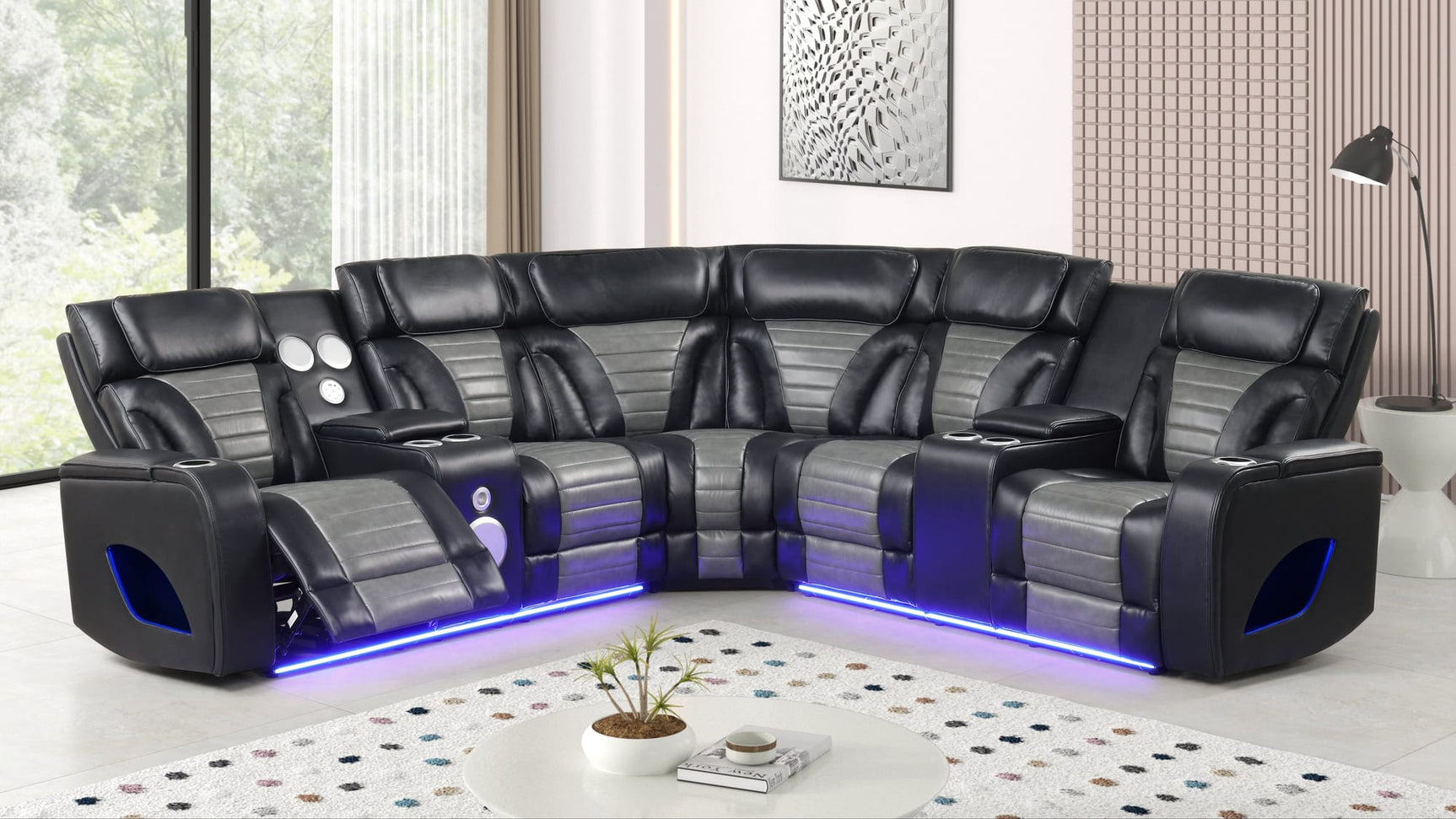 Robin Black Air Leather Power Reclining Sectional with Bluetooth and USB from Ella Furniture