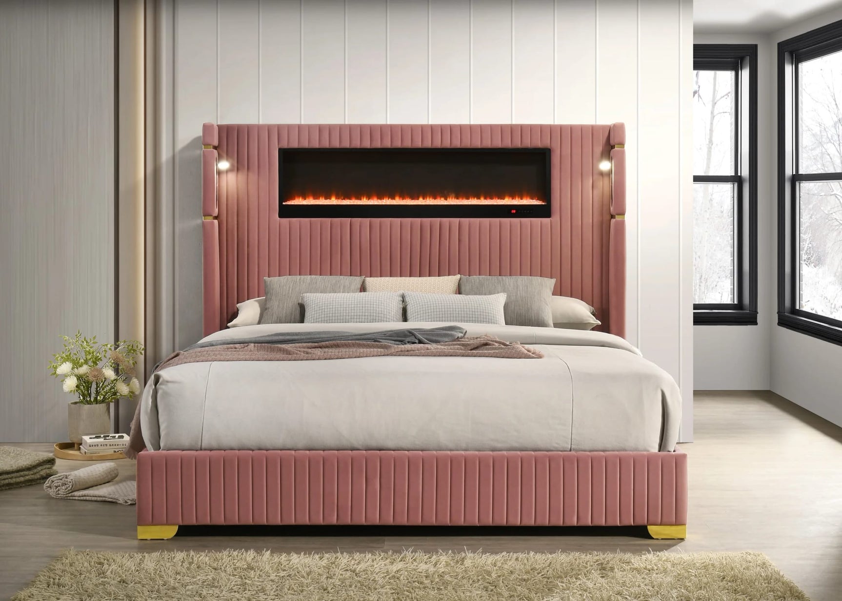 Romance Pink Upholstered LED Platform King Bed from Ella Furniture