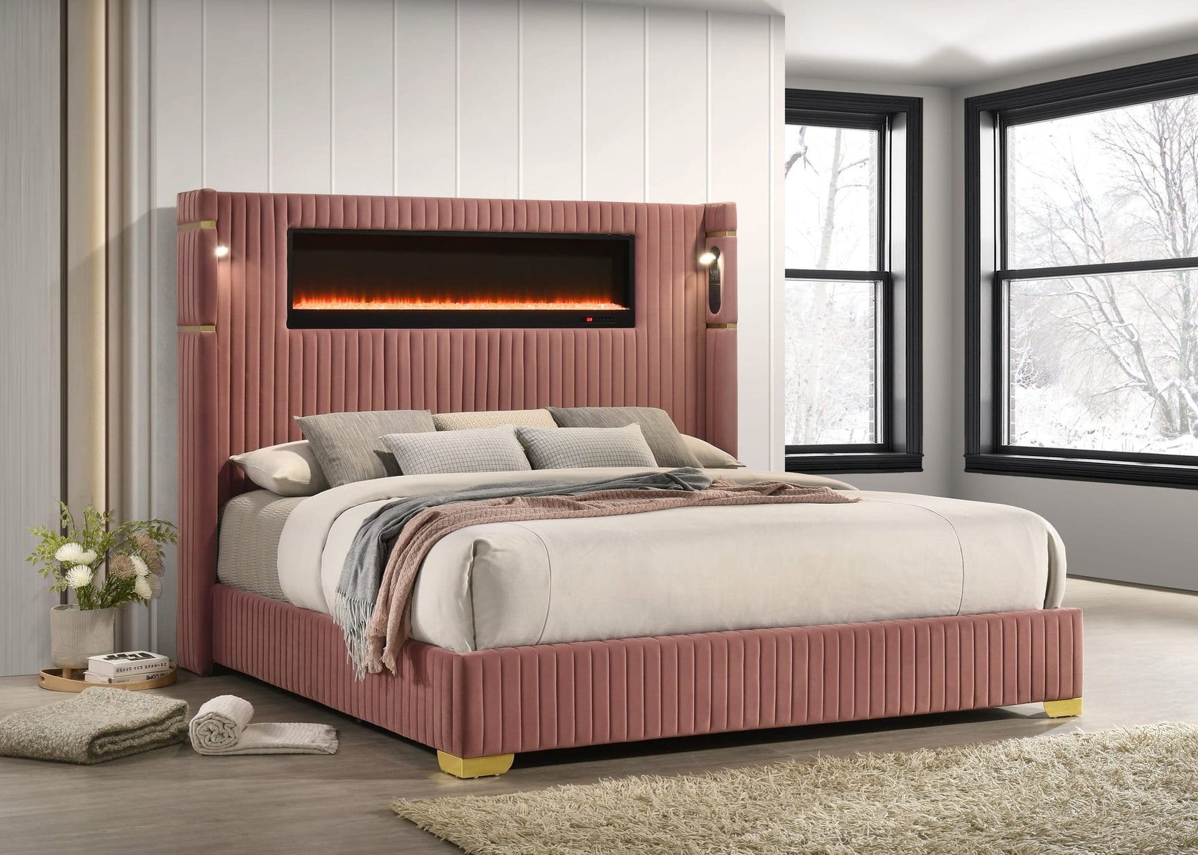 Romance Pink Upholstered LED Platform King Bed view 2