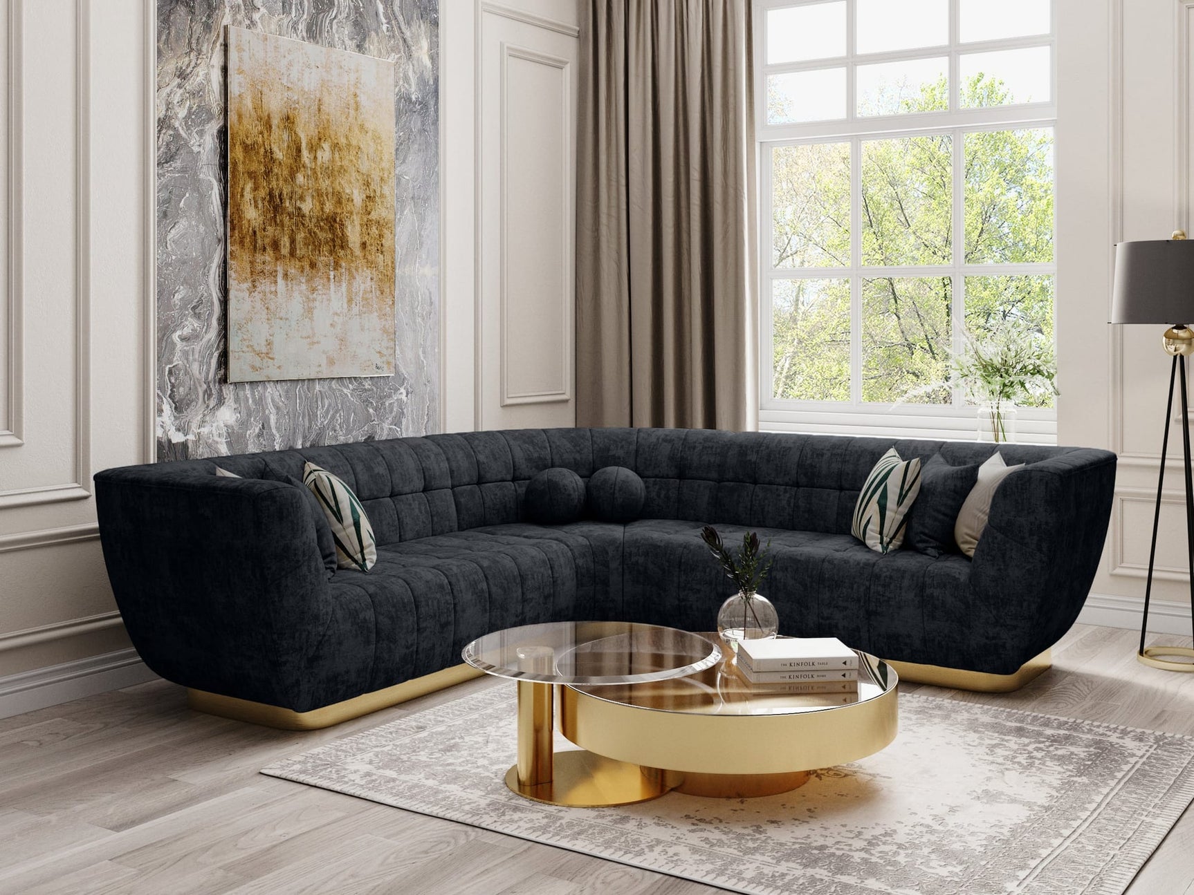 Rosa Midnight Black Premium Chenille Sectional with Gold Base view 7