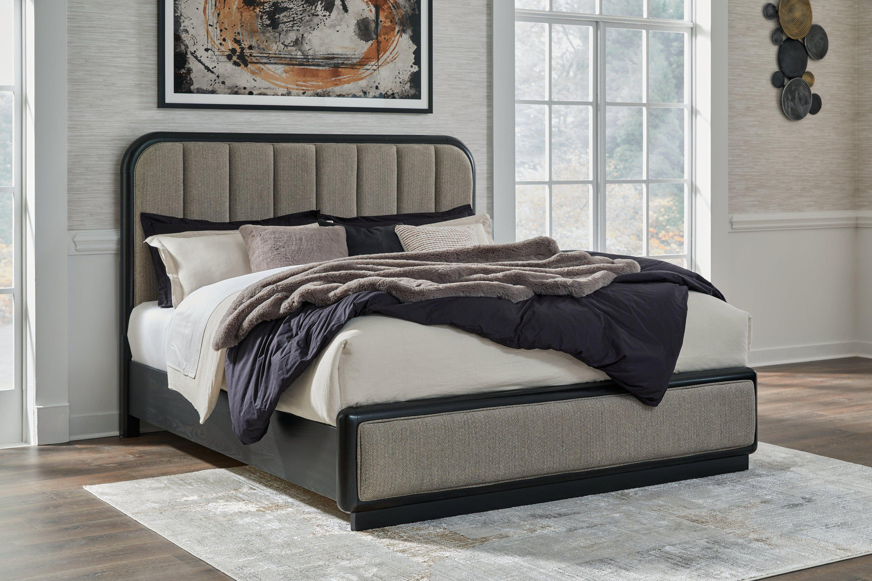 Rowanbeck Gray/Black King Upholstered Panel Bed - Ella Furniture