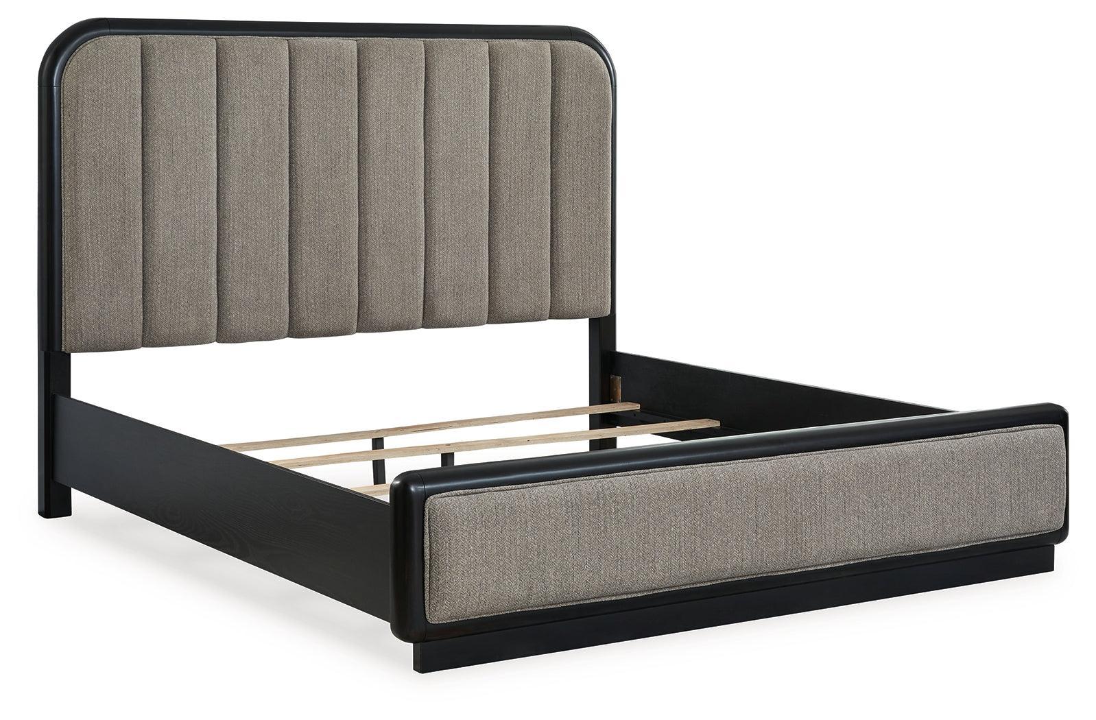 Rowanbeck Gray/Black King Upholstered Panel Bed - Ella Furniture