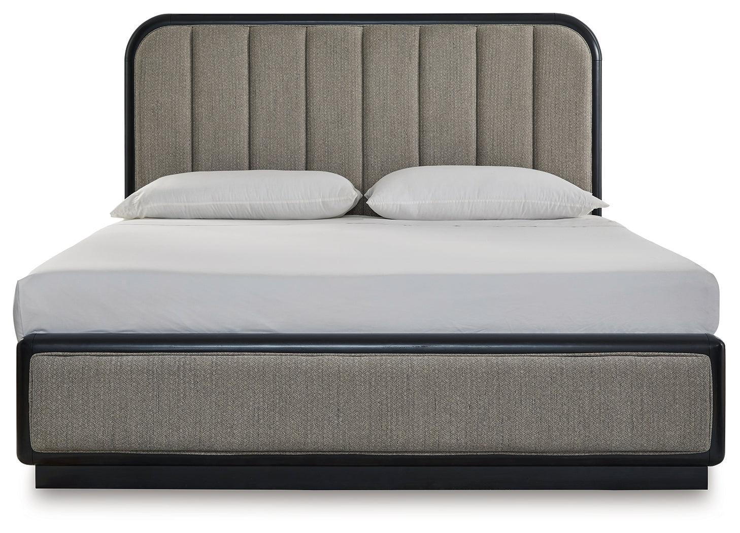 Rowanbeck Gray/Black King Upholstered Panel Bed - Ella Furniture