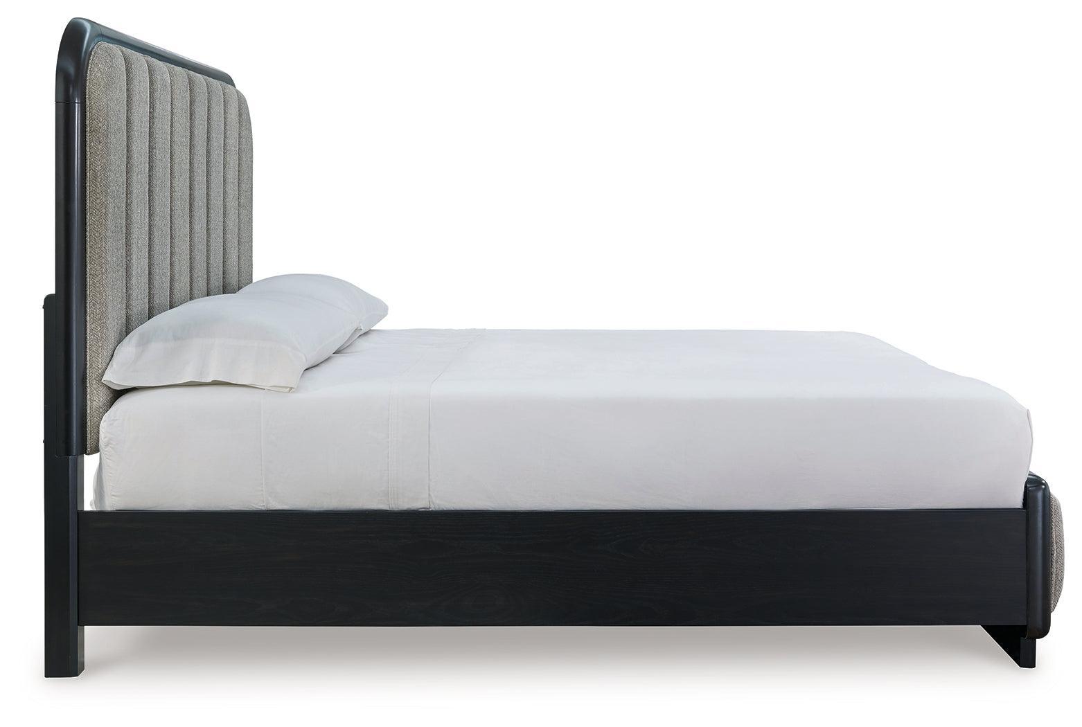 Rowanbeck Gray/Black King Upholstered Panel Bed - Ella Furniture