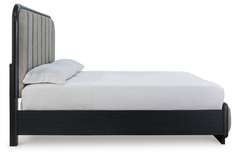 Rowanbeck Gray/Black King Upholstered Panel Bed - Ella Furniture