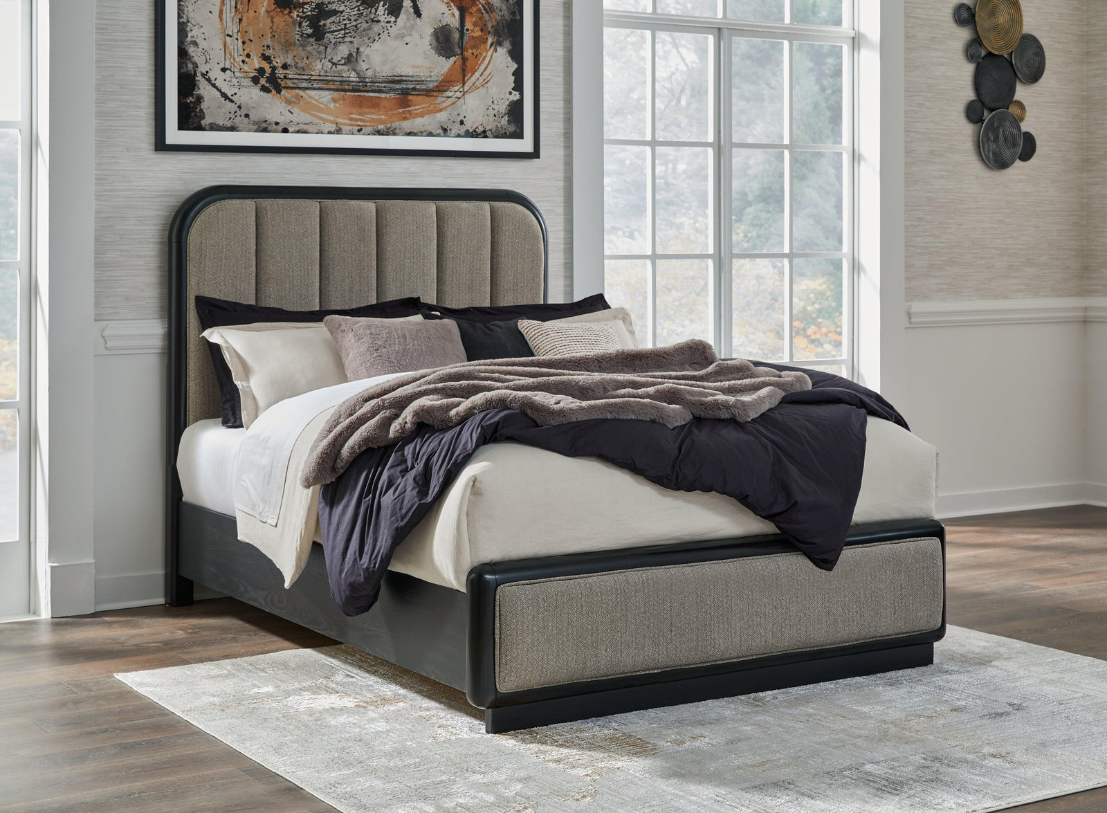 Rowanbeck Gray/Black Queen Upholstered Panel Bed - Ella Furniture