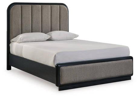 Rowanbeck Gray/Black Queen Upholstered Panel Bed - Ella Furniture