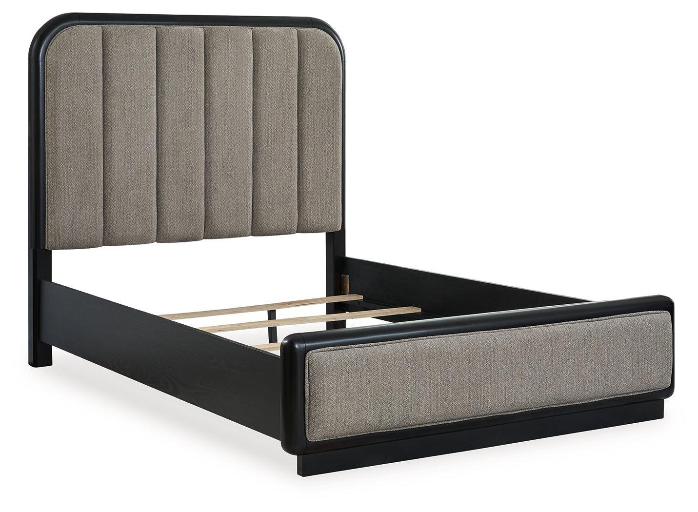 Rowanbeck Gray/Black Queen Upholstered Panel Bed - Ella Furniture