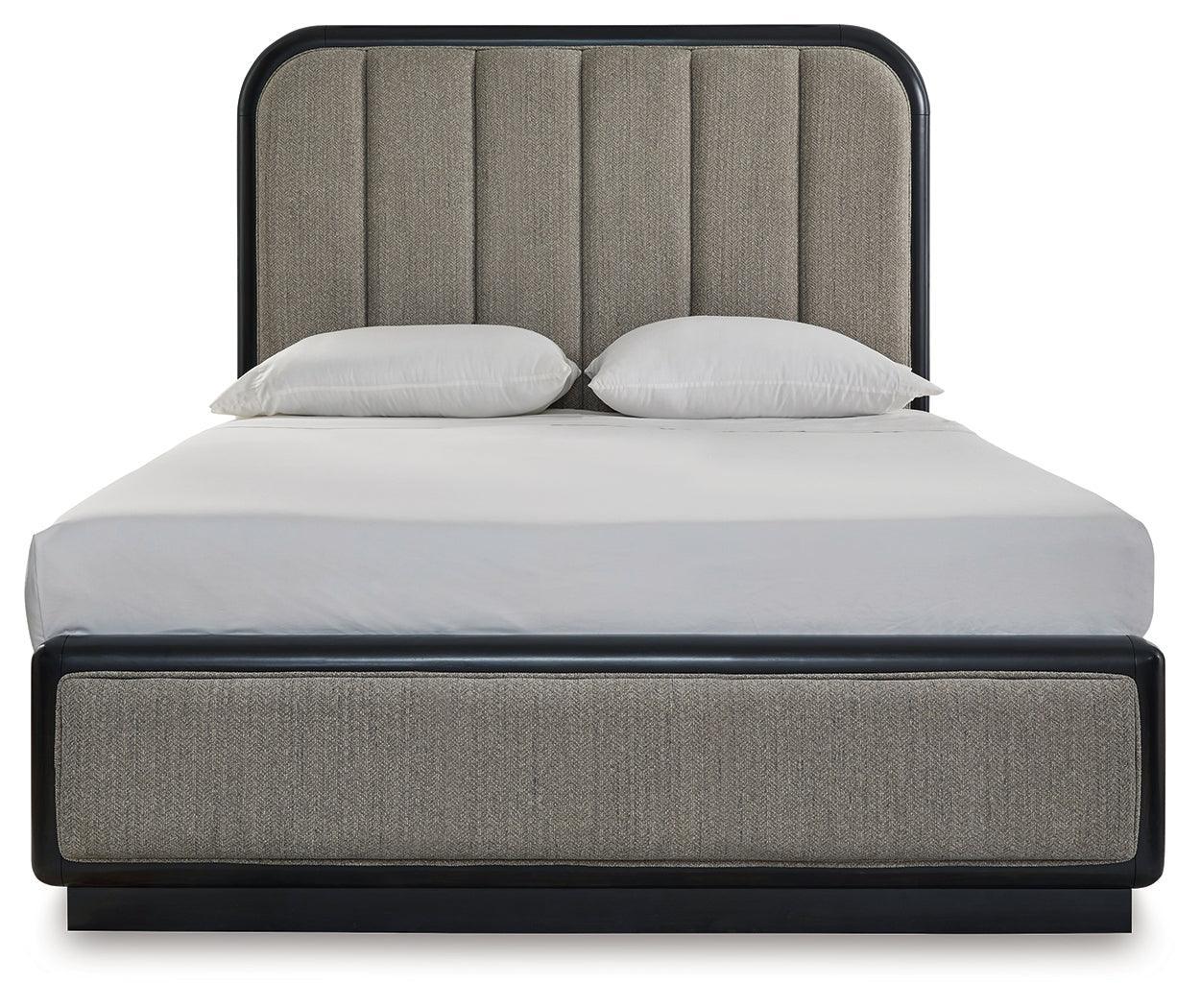 Rowanbeck Gray/Black Queen Upholstered Panel Bed - Ella Furniture