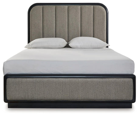 Rowanbeck Gray/Black Queen Upholstered Panel Bed - Ella Furniture