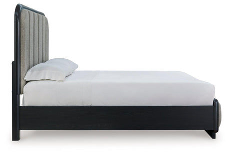 Rowanbeck Gray/Black Queen Upholstered Panel Bed - Ella Furniture