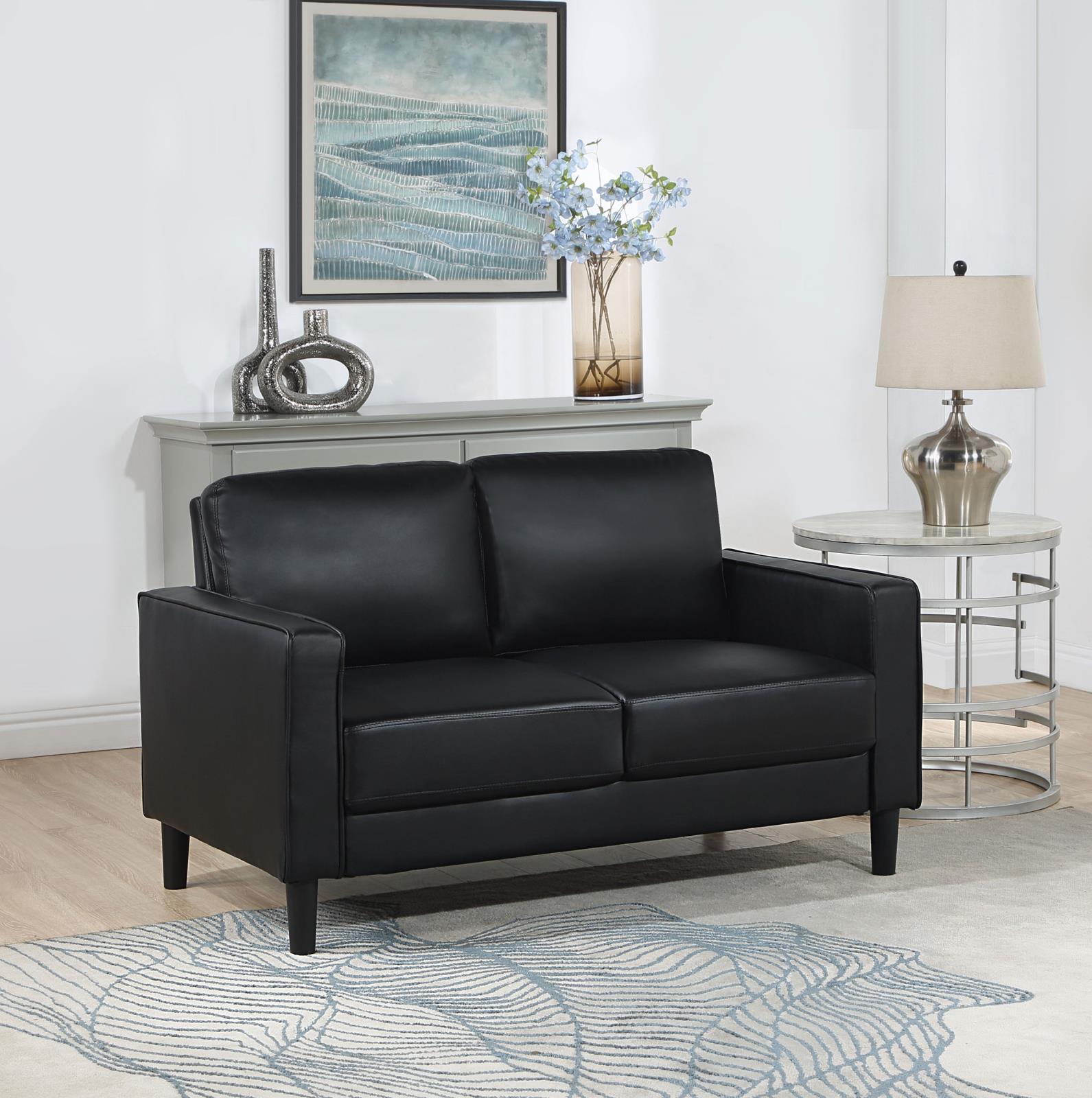 Ruth Upholstered Track Arm Faux Leather Loveseat Black 508362 - Ella Furniture