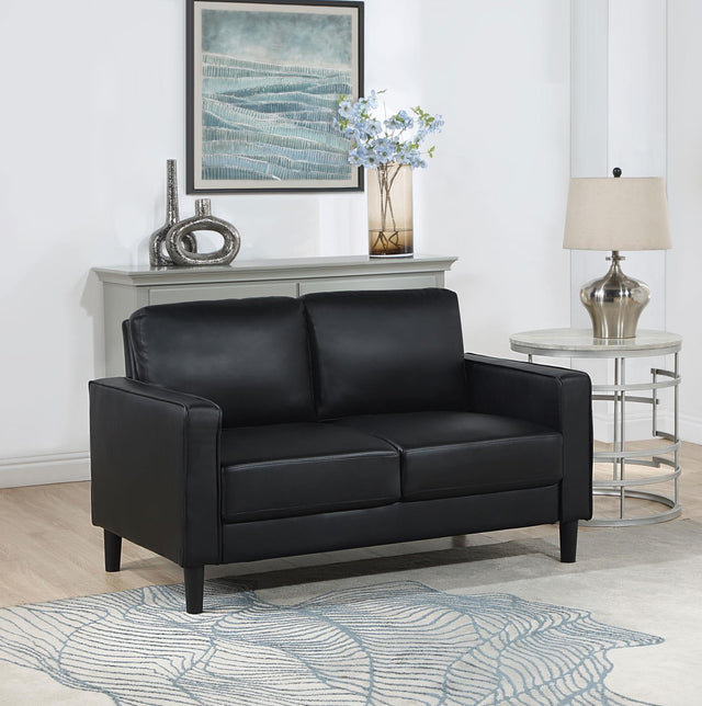 Ruth Upholstered Track Arm Faux Leather Loveseat Black 508362 - Ella Furniture