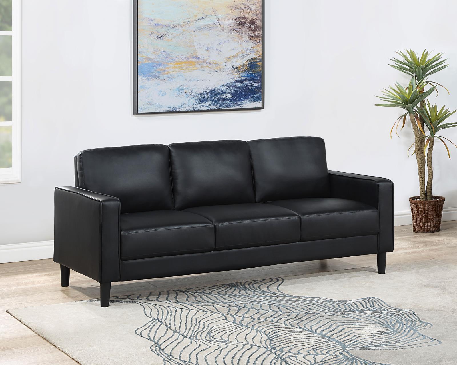 Ruth Upholstered Track Arm Faux Leather Sofa Black 508361 [ETA: 3/28/2024] - Ella Furniture