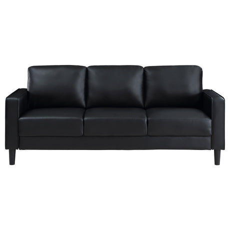 Ruth Upholstered Track Arm Faux Leather Sofa Black 508361 [ETA: 3/28/2024] - Ella Furniture