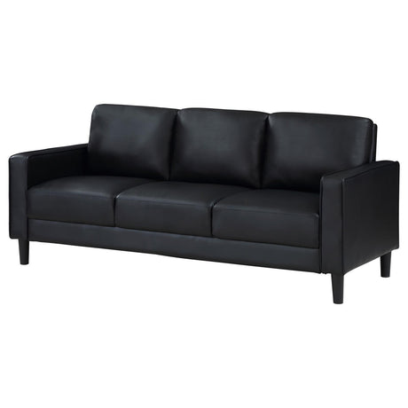 Ruth Upholstered Track Arm Faux Leather Sofa Black 508361 [ETA: 3/28/2024] - Ella Furniture