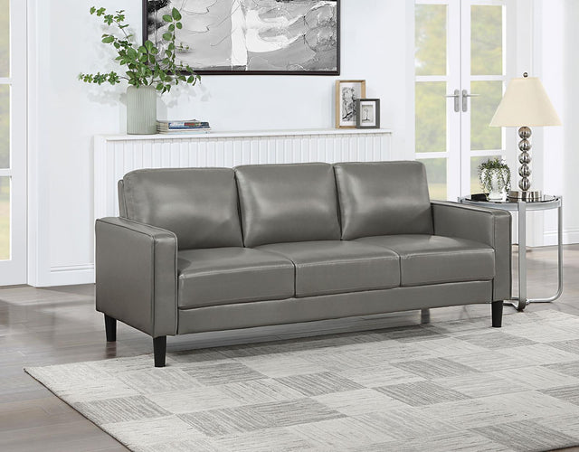 Ruth Upholstered Track Arm Faux Leather Sofa Grey 508365 - Ella Furniture