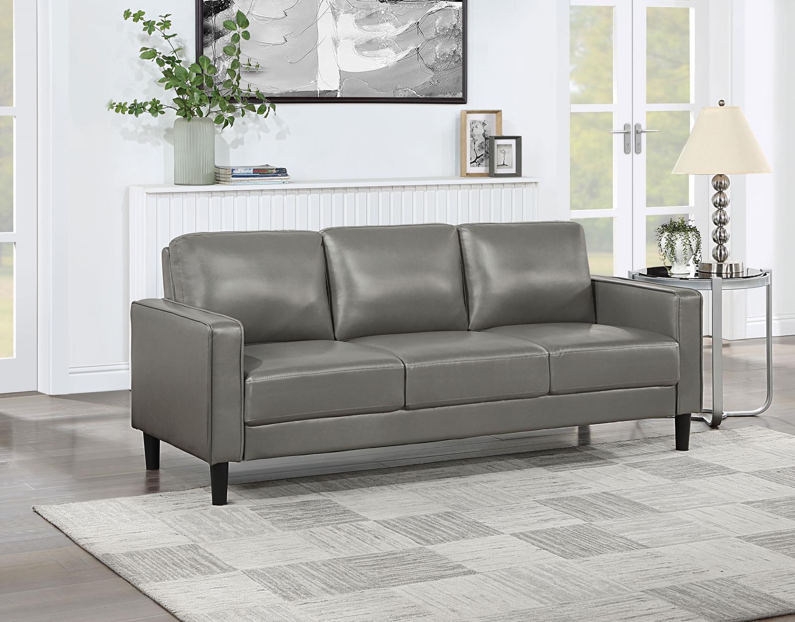 Ruth Upholstered Track Arm Faux Leather Sofa Grey 508365 - Ella Furniture