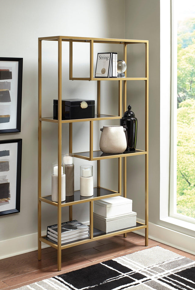 Frankwell Gold Finish Modern Industrial Metal Glass 5 Shelves Bookcase - Ella Furniture