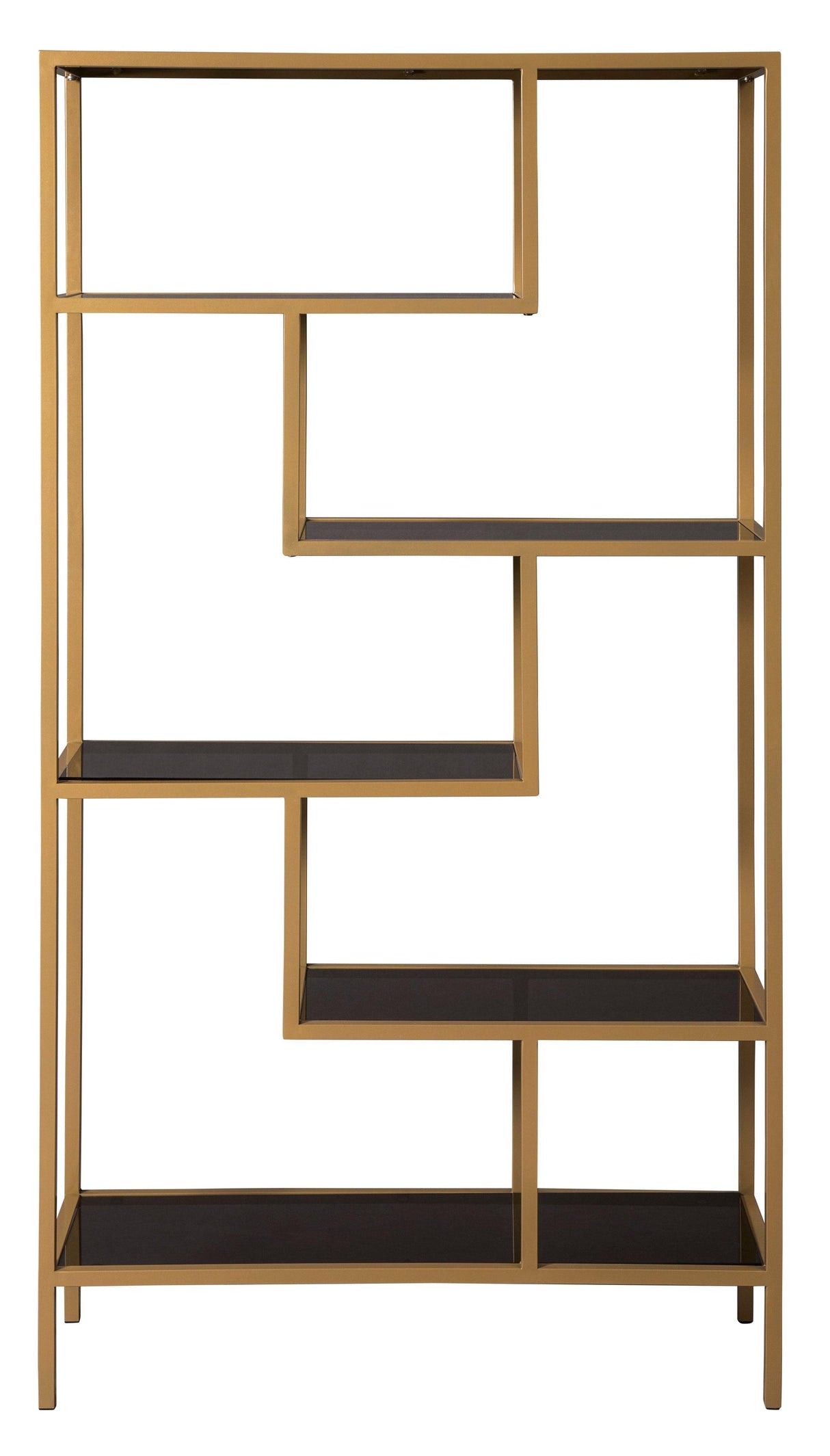 Frankwell Gold Finish Modern Industrial Metal Glass 5 Shelves Bookcase - Ella Furniture
