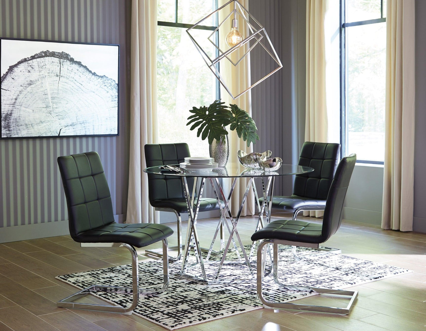 Ashley Chrome/Black Modern Contemporary Glass Faux Leather Crystal Round 5Pc Dining Set - Ella Furniture