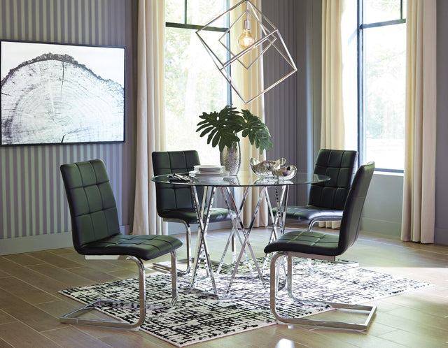 Ashley Chrome/Black Modern Contemporary Glass Faux Leather Crystal Round 5Pc Dining Set - Ella Furniture
