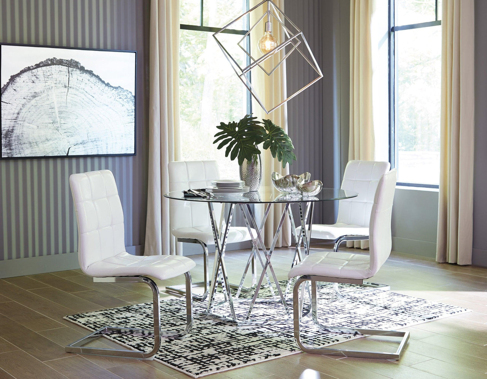 Ashley Chrome/White Modern Contemporary Glass Faux Leather Crystal Round 5Pc Dining Set - Ella Furniture