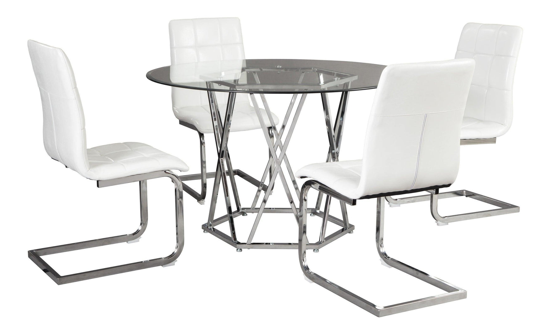 Ashley Chrome/White Modern Contemporary Glass Faux Leather Crystal Round 5Pc Dining Set - Ella Furniture