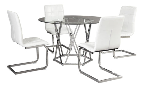 Ashley Chrome/White Modern Contemporary Glass Faux Leather Crystal Round 5Pc Dining Set - Ella Furniture