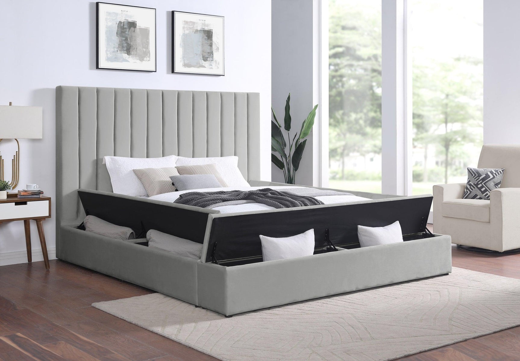 France Gray Velvet Upholstered Storage Platform King Bed