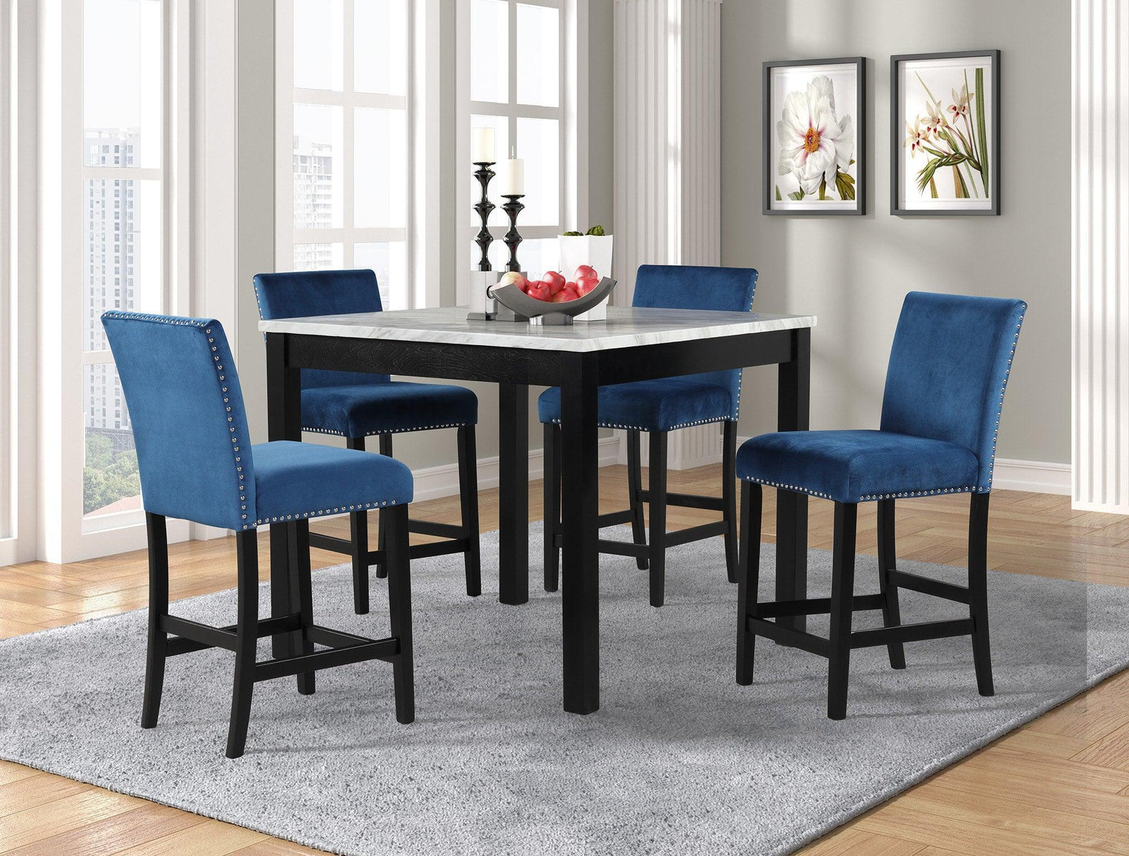 Dior Blue Velvet Counter Height Set - Ella Furniture