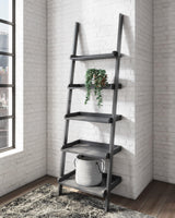 Yarlow Black Metal Engineered Dark Wood Grain Leaning Ladder 5 Shelves Bookcase - Ella Furniture