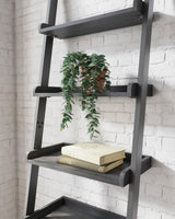 Yarlow Black Metal Engineered Dark Wood Grain Leaning Ladder 5 Shelves Bookcase - Ella Furniture