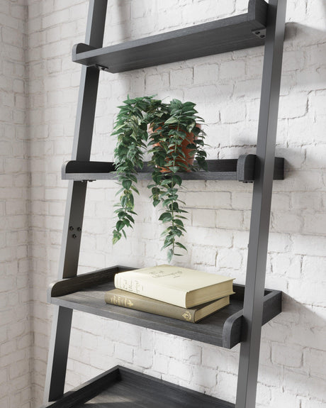 Yarlow Black Metal Engineered Dark Wood Grain Leaning Ladder 5 Shelves Bookcase - Ella Furniture