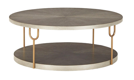 Ranoka Platinum Ash Veneer Silvertone Metal Tubular Legs Wood Round Cocktail Table - Ella Furniture