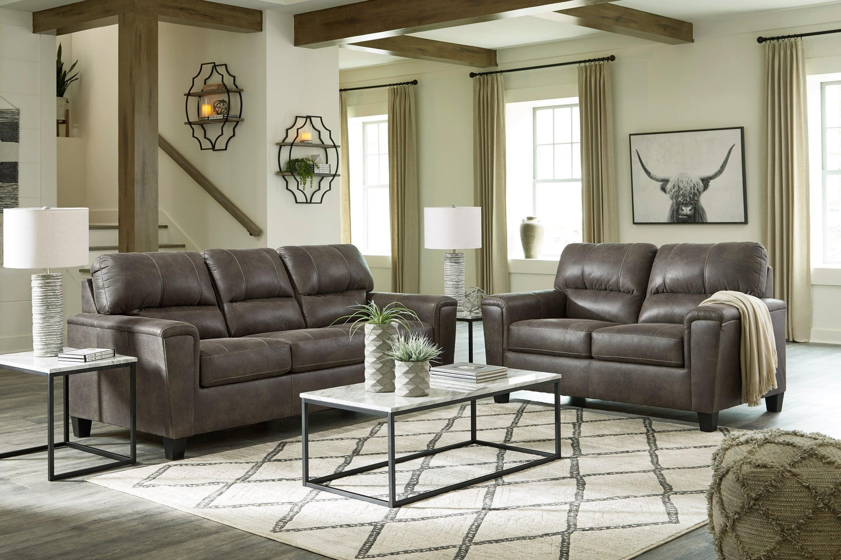 Ashley Smoke Modern Contemporary Solid Wood Faux Leather Upholstered Sofa & Loveseat Set - Ella Furniture