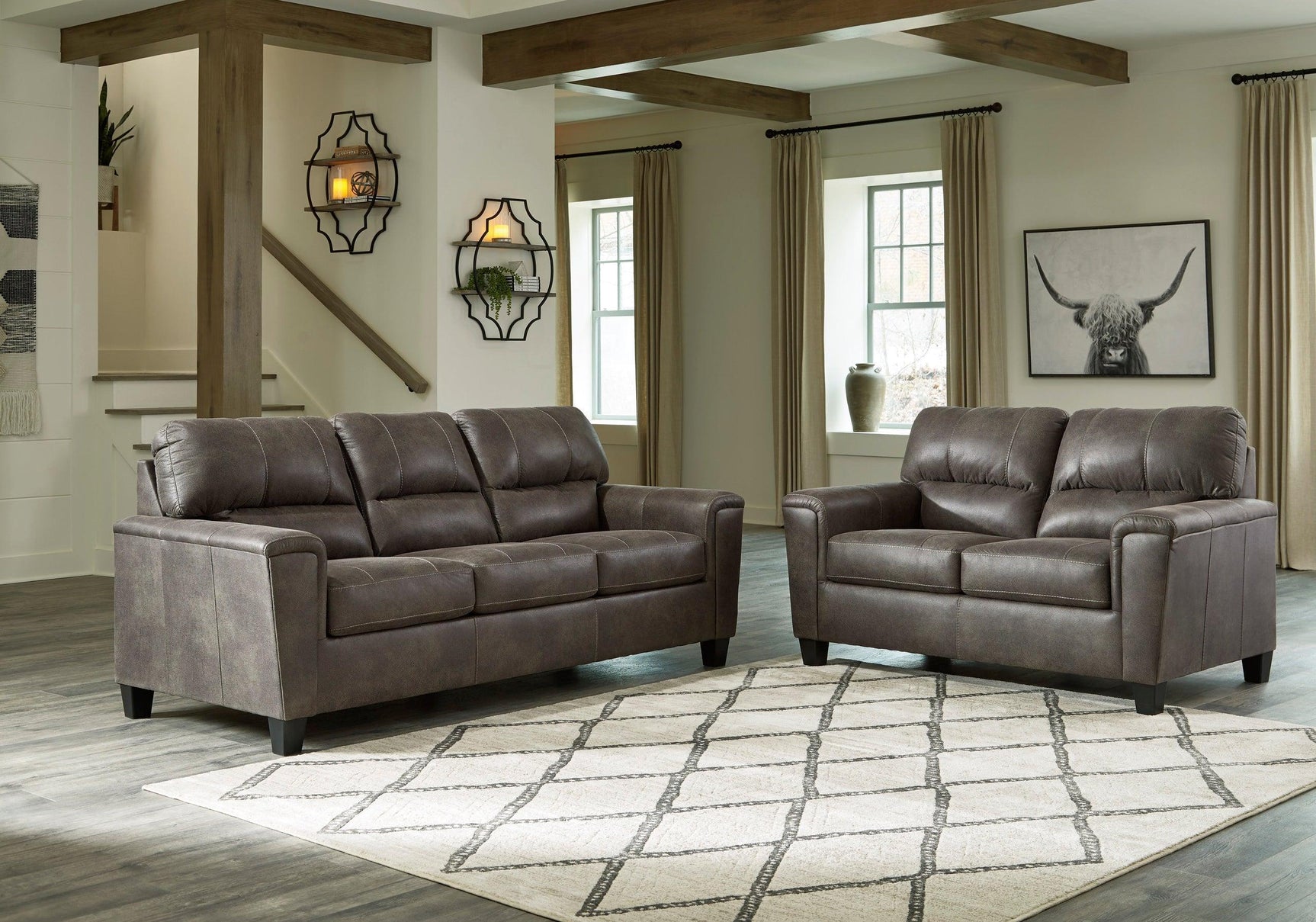 Ashley Smoke Modern Contemporary Solid Wood Faux Leather Upholstered Sofa & Loveseat Set - Ella Furniture