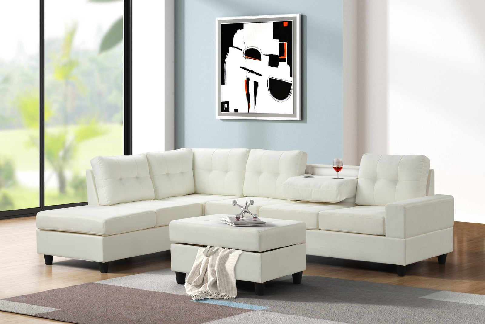 33Heights Off White Linen Upholstered Tufted Reversible Sectional Storage Ottoman Set - Ella Furniture