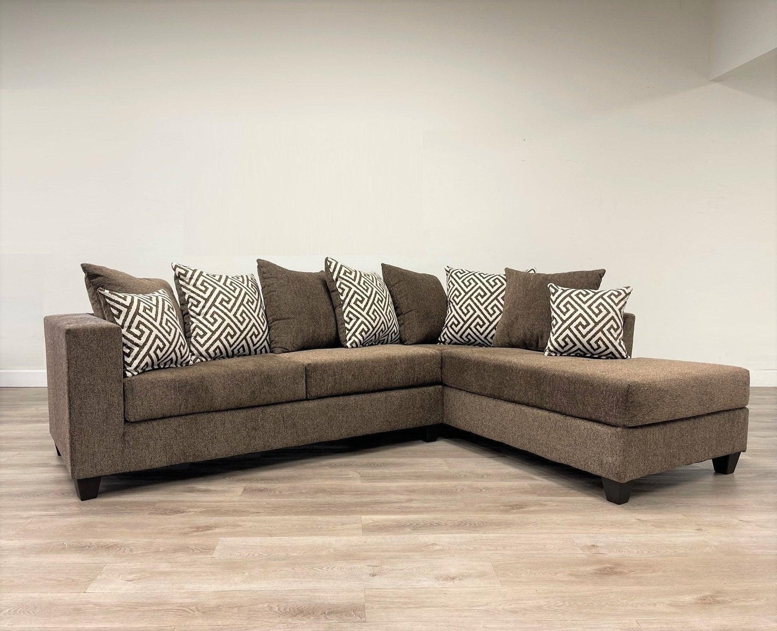 Hollywood Mocha Modern Contemporary Solid Wood Thick Fabric Chenille Upholstered Sectional - Ella Furniture
